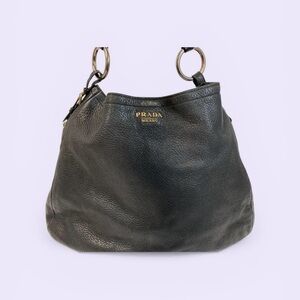 Prada Black Pebbled Leather Hobo with Gold Rings